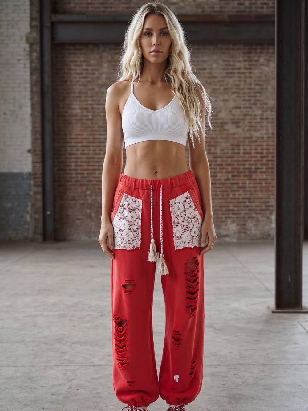 NWT POL Distressed Crochet Lace Jogger Sweatpants Sweats Joggers Pants Red - Picture 2 of 11